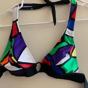 Geo multi color pattern halter neck swim top